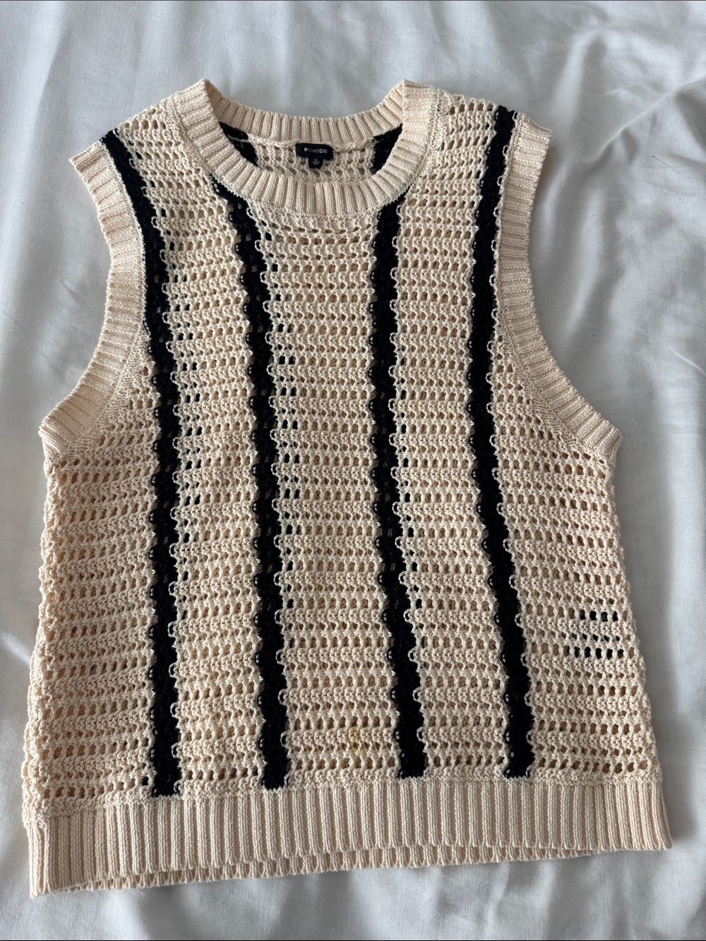 Monrow Cream Open-Weave Tank with Black Stripes